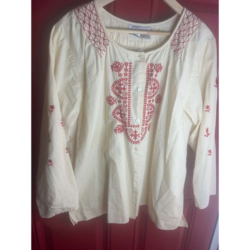 Adrian Delafield Blouse Cream Red Embroidered Cotton Peasant‎ Top XL 18/20 Boho